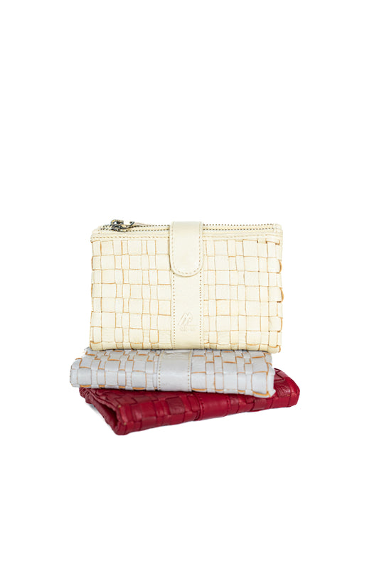Woven leather wallet clutch